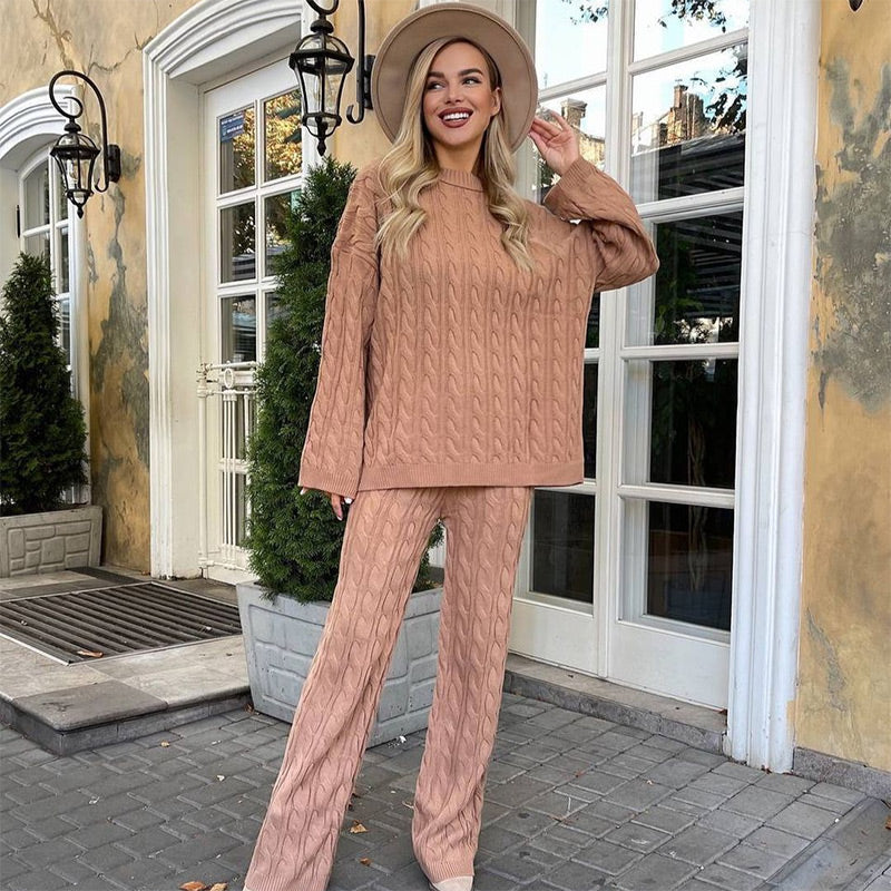 🎉Black Friday Series - Early Bird Price💖Solid Crew Neck Twist Textured Sweater & Pants Set