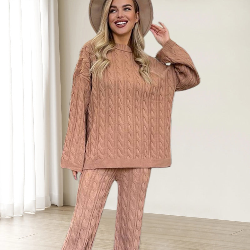 🎉Black Friday Series - Early Bird Price💖Solid Crew Neck Twist Textured Sweater & Pants Set