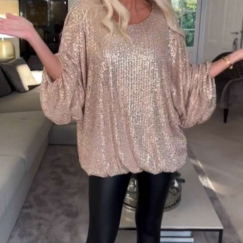 🎅Christmas Specials🎁Round Neck Sequin Long Sleeve Loose Top