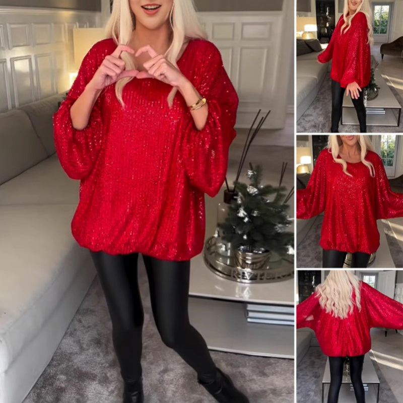🎅Christmas Specials🎁Round Neck Sequin Long Sleeve Loose Top