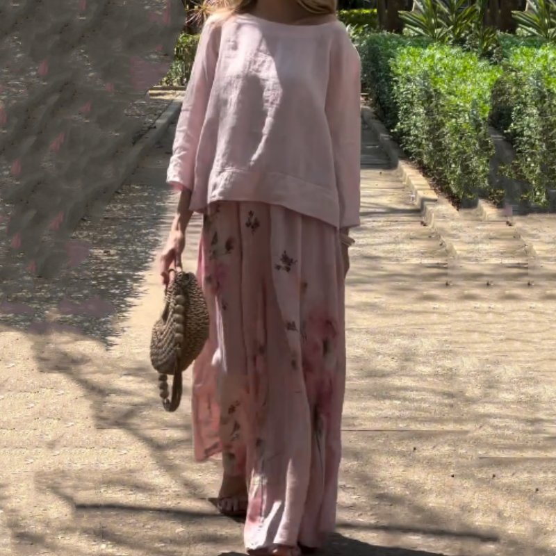 🌸Spring Specials💓Solid Tops & Floral Wide-Leg Pants (2-Piece Set)