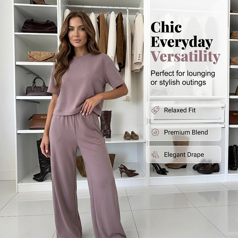 ✨ Effortless Comfort | Women's Relaxed Top & Wide-Leg Pants 2-Piece Set