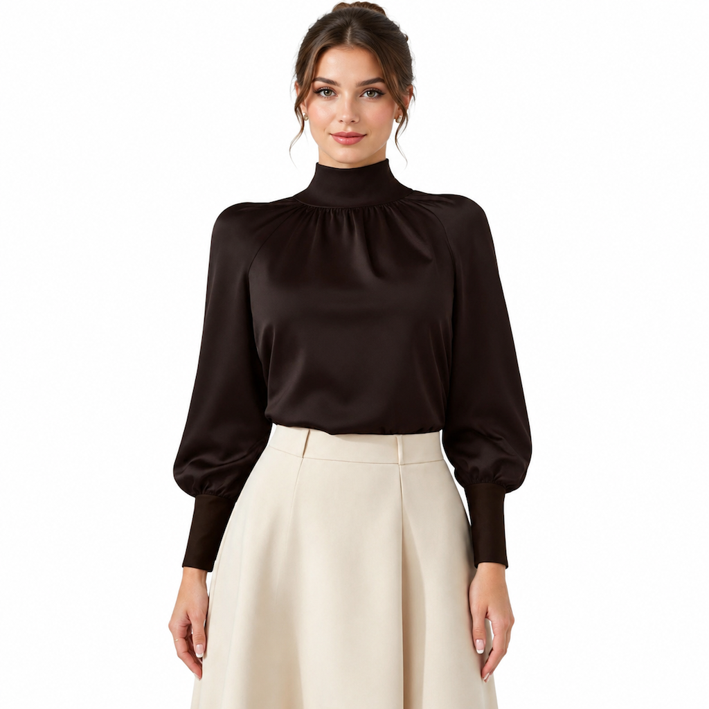 Elegant French Style Satin Blouse with Stand Collar and Long Lantern Sleeves for Autumn Winter Layering