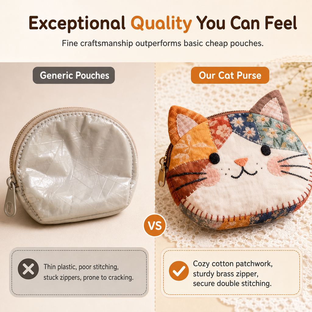 🎁Christmas Hot Sale 50% OFF🐱Cute Patchwork Cat Coin Purse, Handmade Fabric Kitten Mini Pouch, Portable Card Holder for Girls