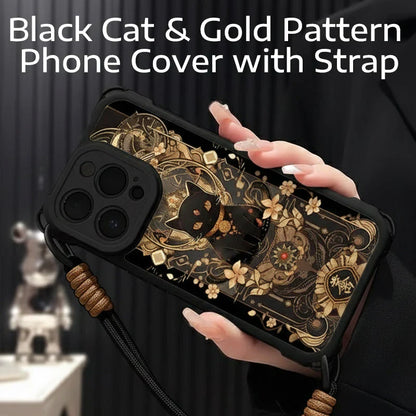 Black Cat & Gold Pattern Phone Cover with Strap