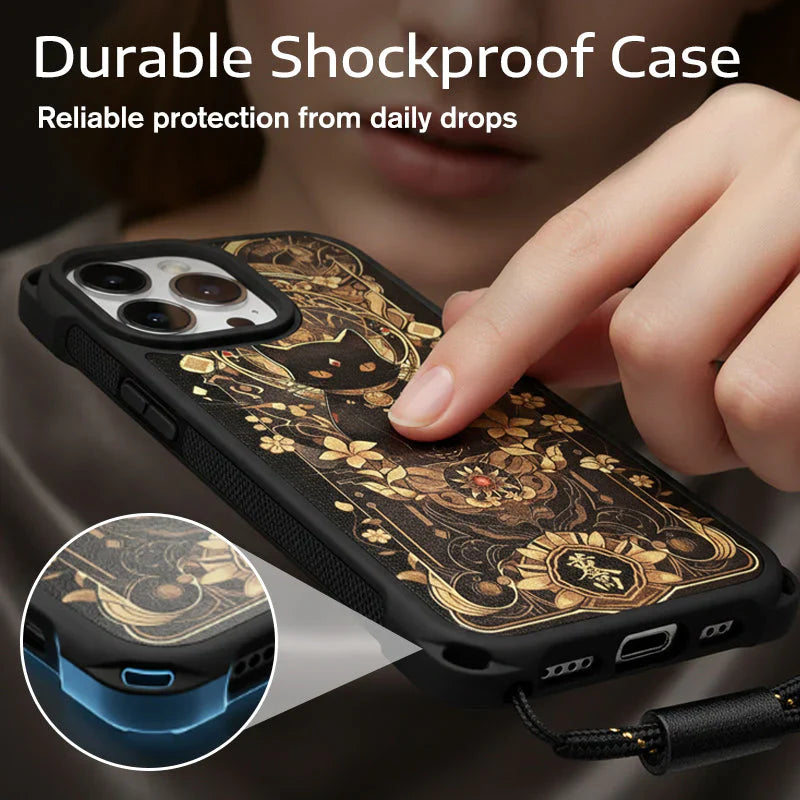 Black Cat & Gold Pattern Phone Cover with Strap