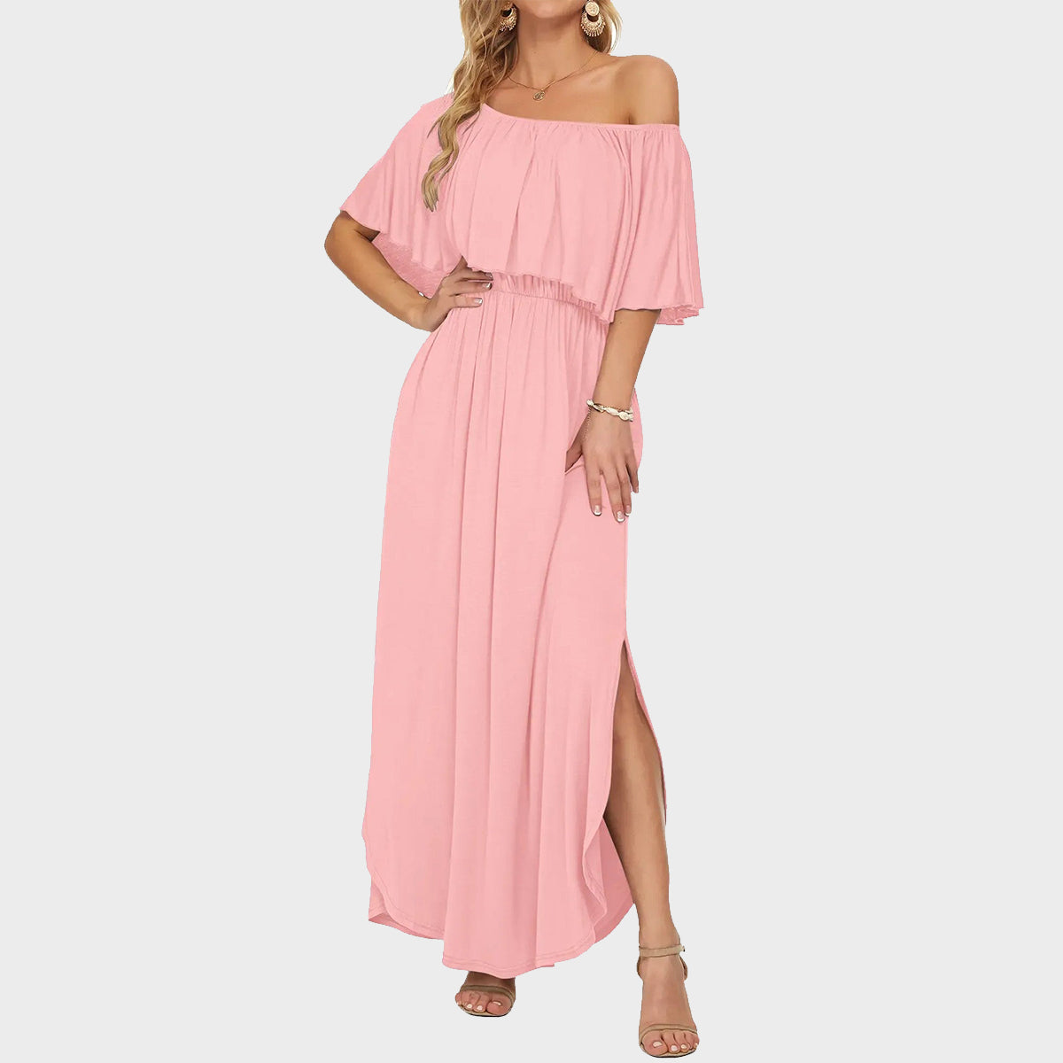 Women's Off-Shoulder Ruffled Side-Slit Maxi Dress with Pockets
