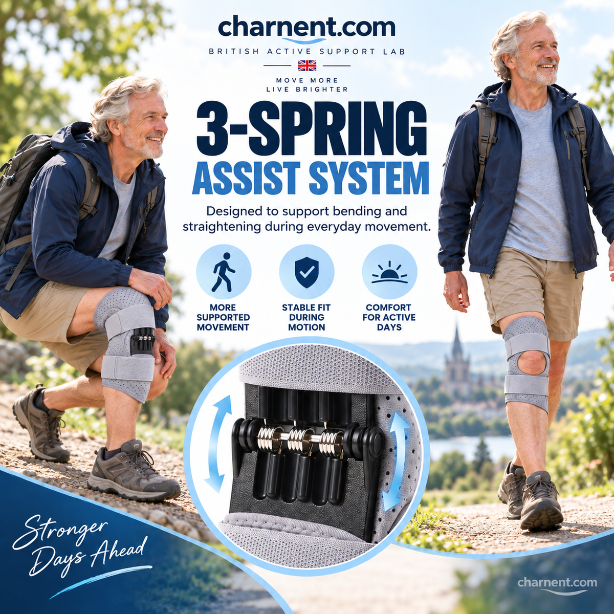 Spring-Assisted Knee Brace, Knee Support & Knee Booster for Elderly – Dynamic Spring Loaded Knee Stabilize Technology, Ergonomic Patella Support with Adjustable Straps for Stairs, Squatting, Daily Activities
