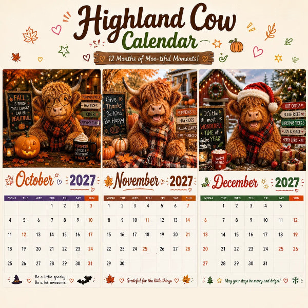 2027 Funny Highland Cow Wall Calendar | A4 Hanging Calendar | Designed by Isabel Kline