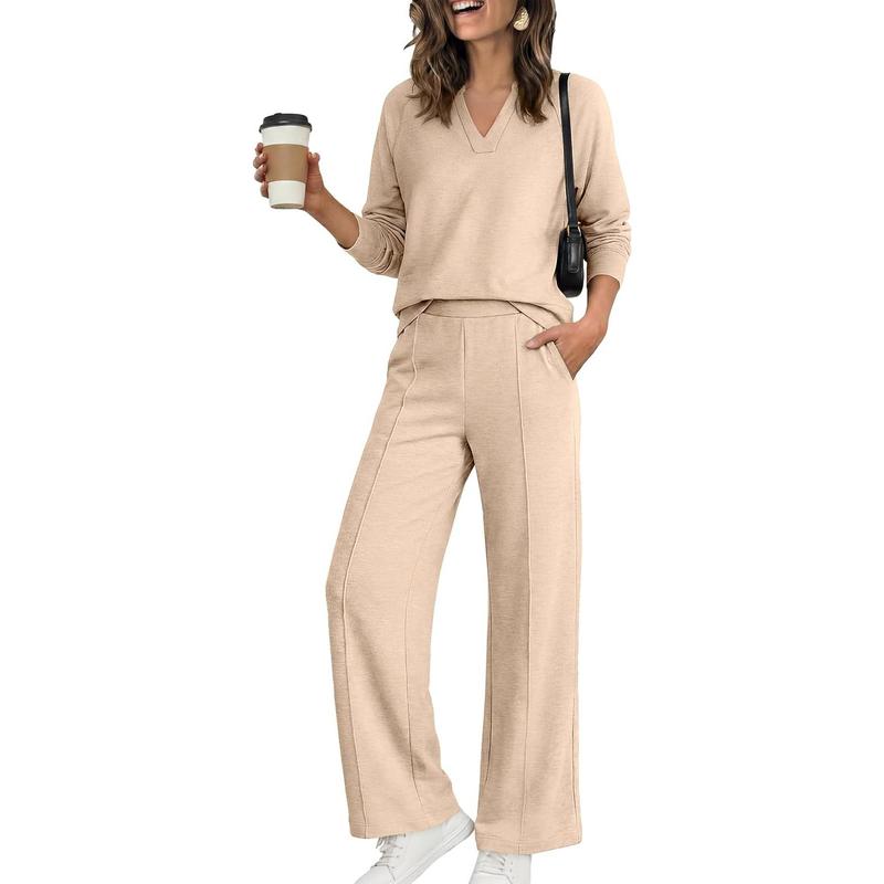 ✨ Women's Chic V-Neck 2-Piece Lounge Set – Relaxed Long-Sleeve Top, Flowy Wide-Leg Pants & Effortless Comfort for a Stylish, Put-Together Look at Home or On the Go! 🌸