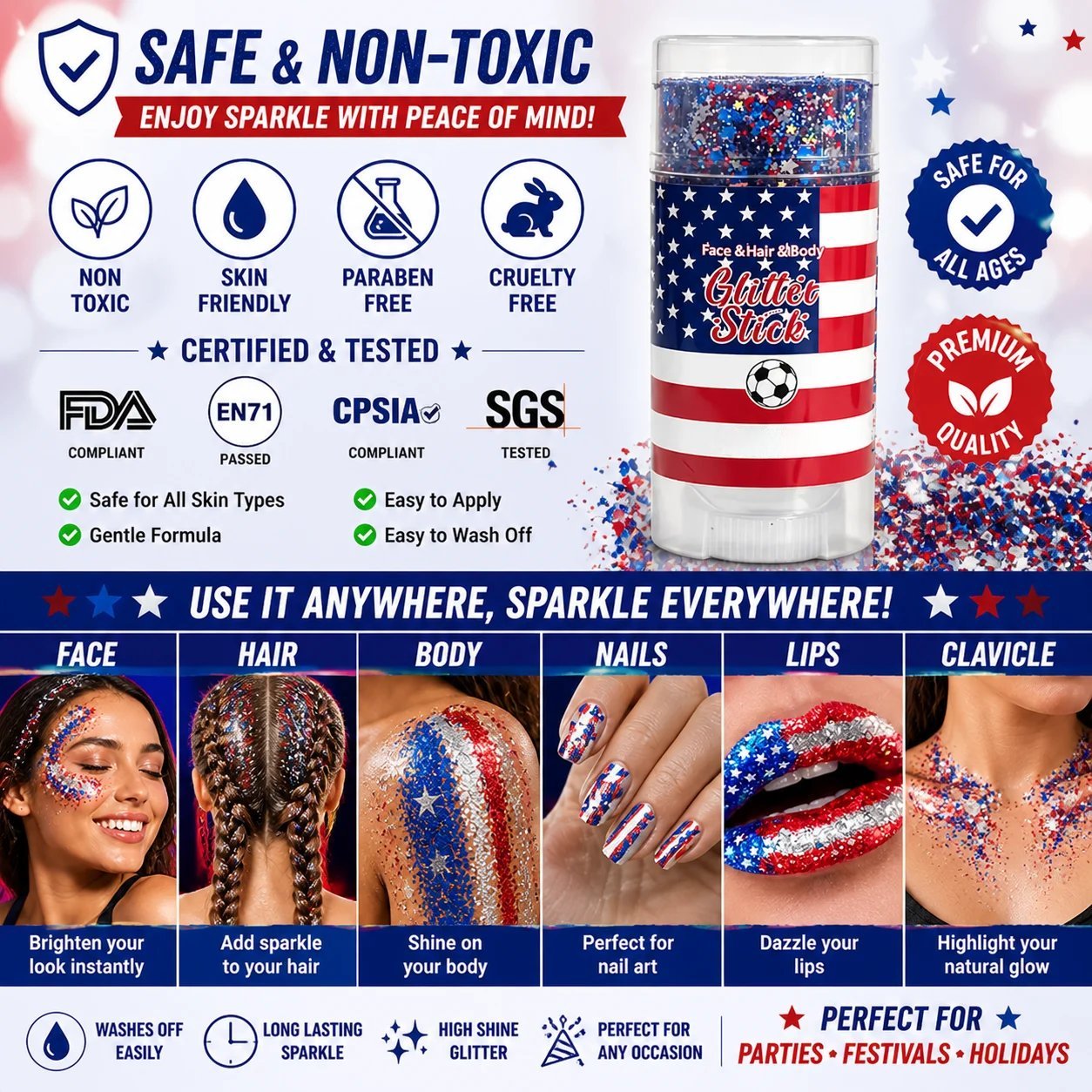 🎉Festival celebrations & World Cup festivities ⚽ Red, White & Blue Body & Hair Sparkle
