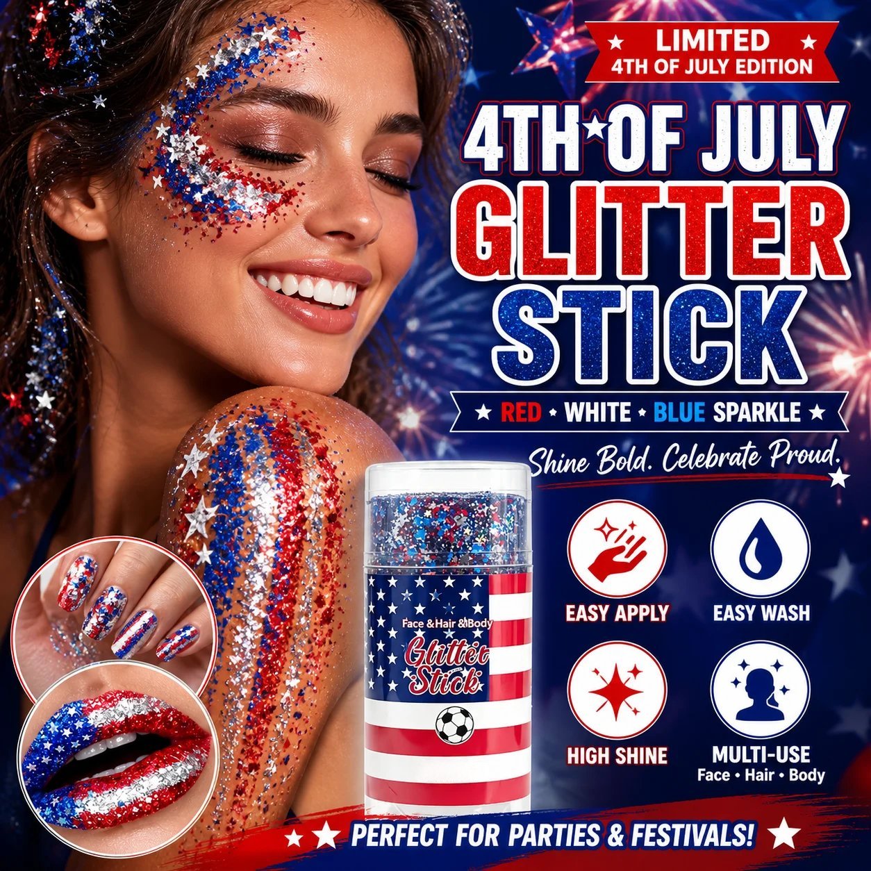 🎉Festival celebrations & World Cup festivities ⚽ Red, White & Blue Body & Hair Sparkle