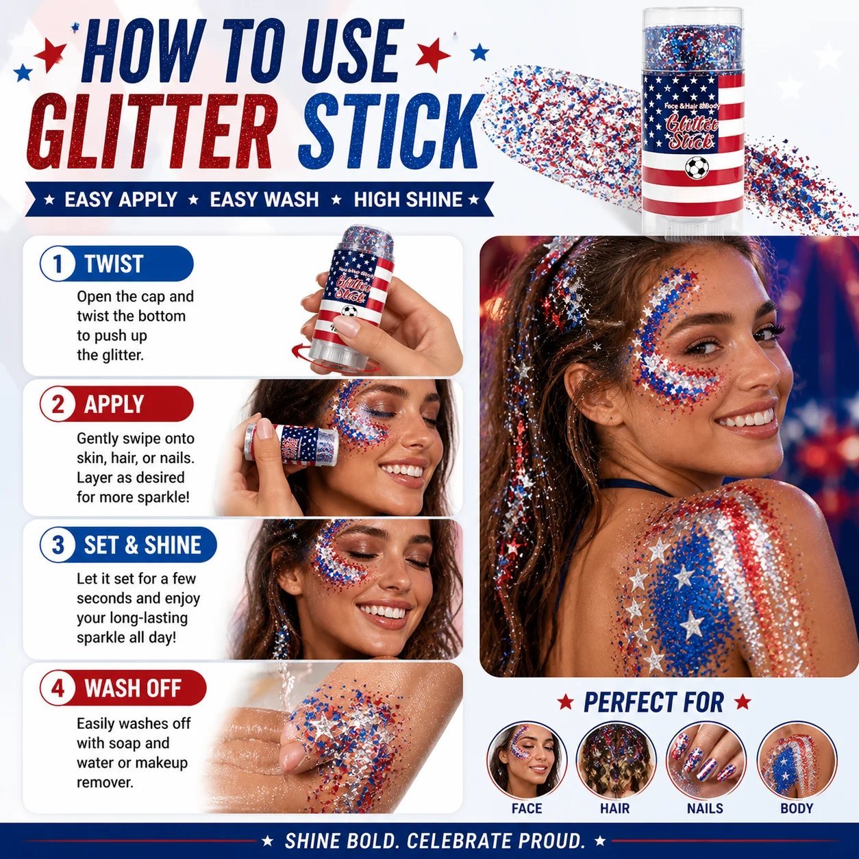 🎉Festival celebrations & World Cup festivities ⚽ Red, White & Blue Body & Hair Sparkle