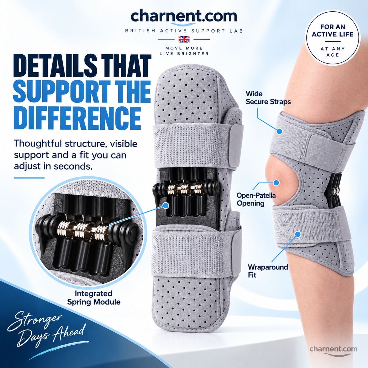 Spring-Assisted Knee Brace, Knee Support & Knee Booster for Elderly – Dynamic Spring Loaded Knee Stabilize Technology, Ergonomic Patella Support with Adjustable Straps for Stairs, Squatting, Daily Activities