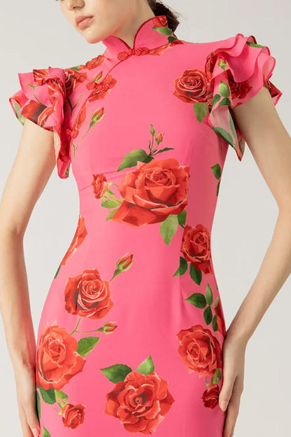 🖤 Black Friday Early Access: 50% OFF 🖤Cheongsam Style Rose Floral Print Tiered Flare Sleeve Stretch Maxi Dress