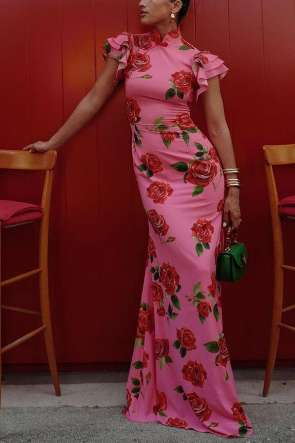 🖤 Black Friday Early Access: 50% OFF 🖤Cheongsam Style Rose Floral Print Tiered Flare Sleeve Stretch Maxi Dress