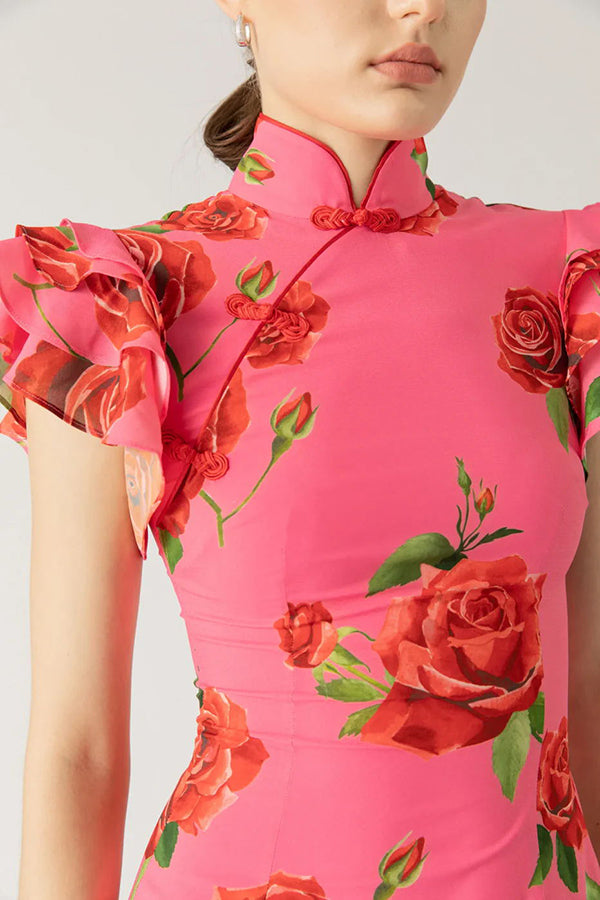 🖤 Black Friday Early Access: 50% OFF 🖤Cheongsam Style Rose Floral Print Tiered Flare Sleeve Stretch Maxi Dress