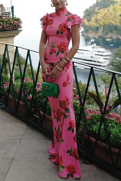 🖤 Black Friday Early Access: 50% OFF 🖤Cheongsam Style Rose Floral Print Tiered Flare Sleeve Stretch Maxi Dress