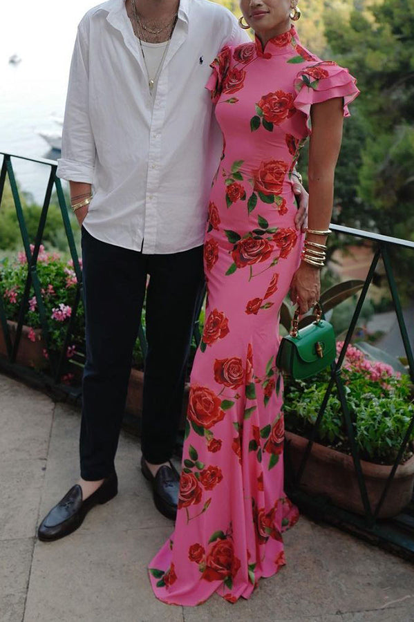 🖤 Black Friday Early Access: 50% OFF 🖤Cheongsam Style Rose Floral Print Tiered Flare Sleeve Stretch Maxi Dress