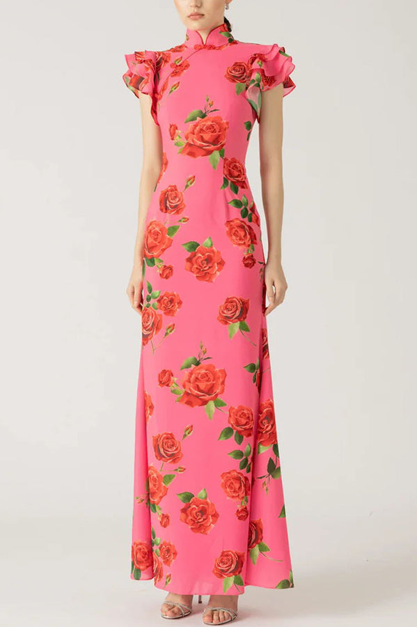 🖤 Black Friday Early Access: 50% OFF 🖤Cheongsam Style Rose Floral Print Tiered Flare Sleeve Stretch Maxi Dress