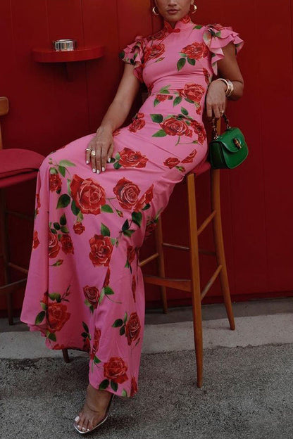 🖤 Black Friday Early Access: 50% OFF 🖤Cheongsam Style Rose Floral Print Tiered Flare Sleeve Stretch Maxi Dress