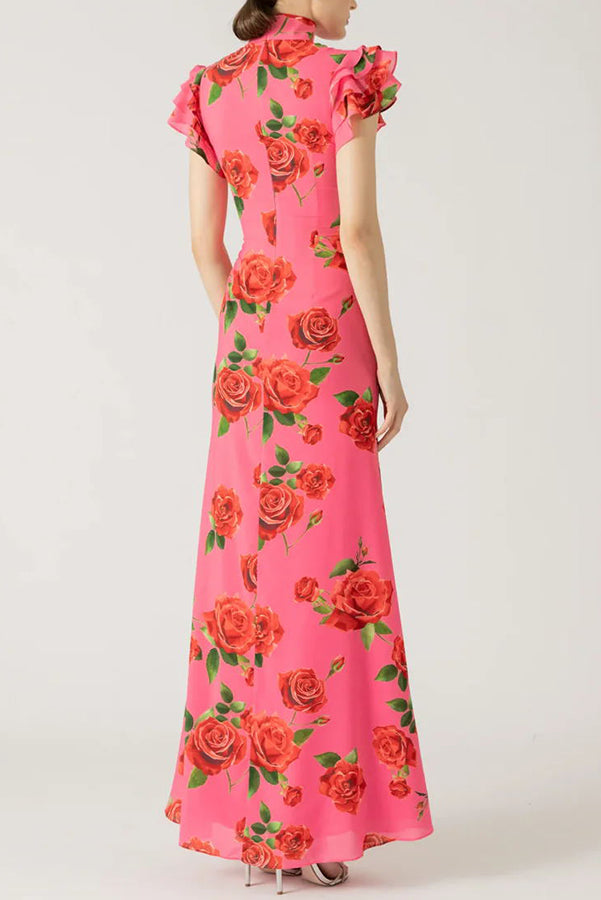 🖤 Black Friday Early Access: 50% OFF 🖤Cheongsam Style Rose Floral Print Tiered Flare Sleeve Stretch Maxi Dress