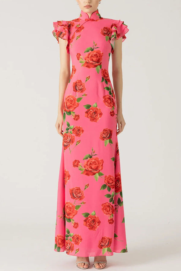 🖤 Black Friday Early Access: 50% OFF 🖤Cheongsam Style Rose Floral Print Tiered Flare Sleeve Stretch Maxi Dress