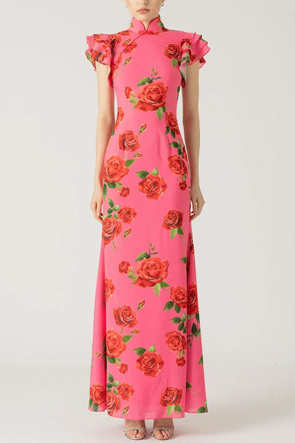 🖤 Black Friday Early Access: 50% OFF 🖤Cheongsam Style Rose Floral Print Tiered Flare Sleeve Stretch Maxi Dress