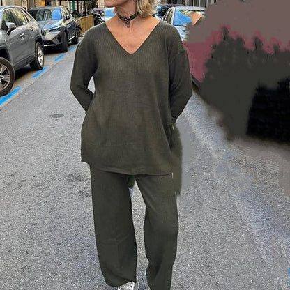 🍁New for autumn✨V-Neck Top & Wide-Leg Pants 2-Piece Set