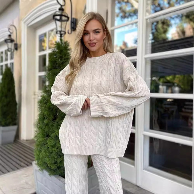 🎉Black Friday Series - Early Bird Price💖Solid Crew Neck Twist Textured Sweater & Pants Set