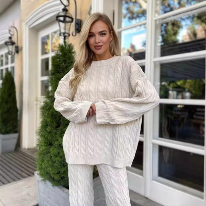 🎉Black Friday Series - Early Bird Price💖Solid Crew Neck Twist Textured Sweater & Pants Set