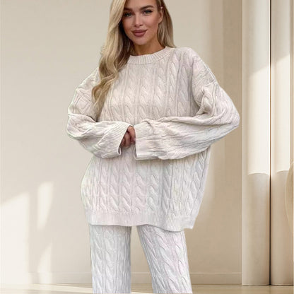🎉Black Friday Series - Early Bird Price💖Solid Crew Neck Twist Textured Sweater & Pants Set