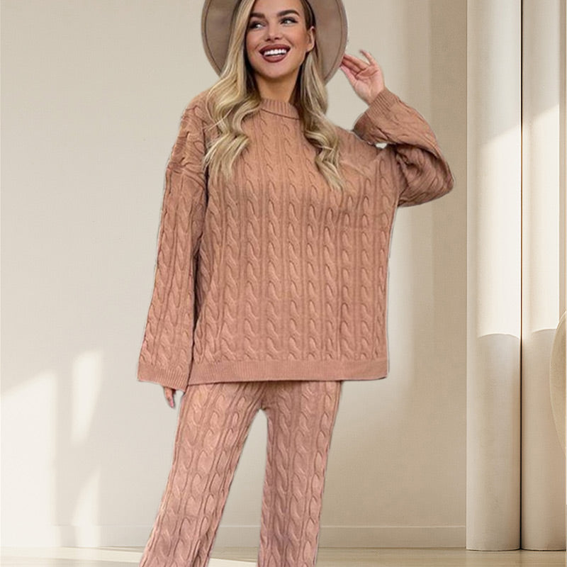 🎉Black Friday Series - Early Bird Price💖Solid Crew Neck Twist Textured Sweater & Pants Set