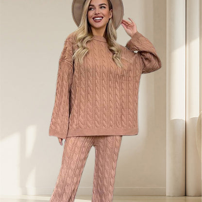 🎉Black Friday Series - Early Bird Price💖Solid Crew Neck Twist Textured Sweater & Pants Set