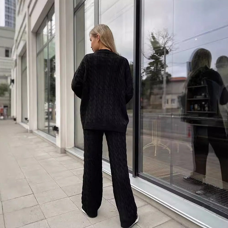 🎉Black Friday Series - Early Bird Price💖Solid Crew Neck Twist Textured Sweater & Pants Set