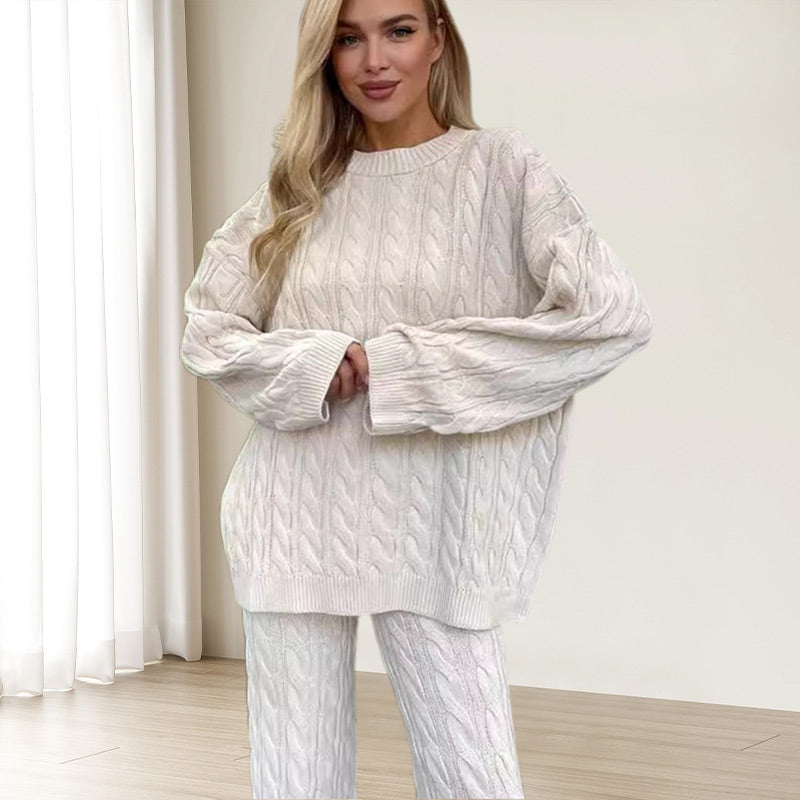 🎉Black Friday Series - Early Bird Price💖Solid Crew Neck Twist Textured Sweater & Pants Set