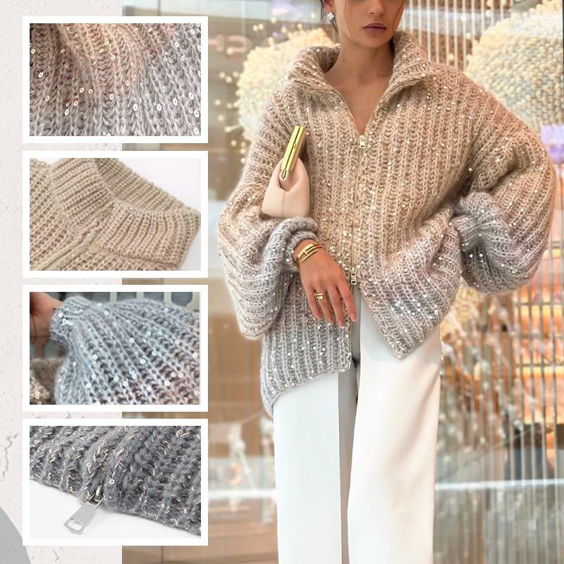 🎉Black Friday Series💖Fashion Sequin Full-Zipper Knit Sweater for Women