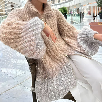 🎉Black Friday Series💖Fashion Sequin Full-Zipper Knit Sweater for Women