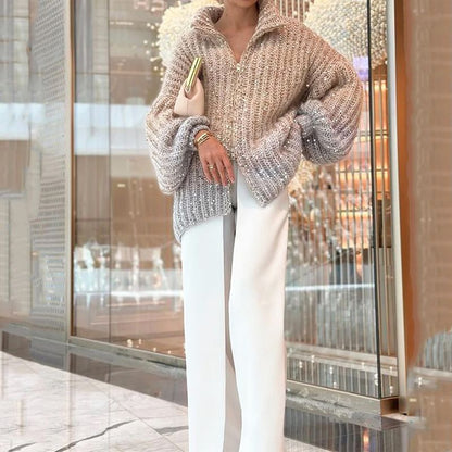 🎉Black Friday Series💖Fashion Sequin Full-Zipper Knit Sweater for Women