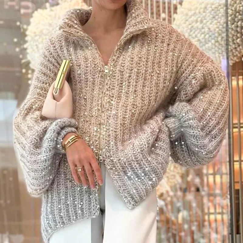 🎉Black Friday Series💖Fashion Sequin Full-Zipper Knit Sweater for Women