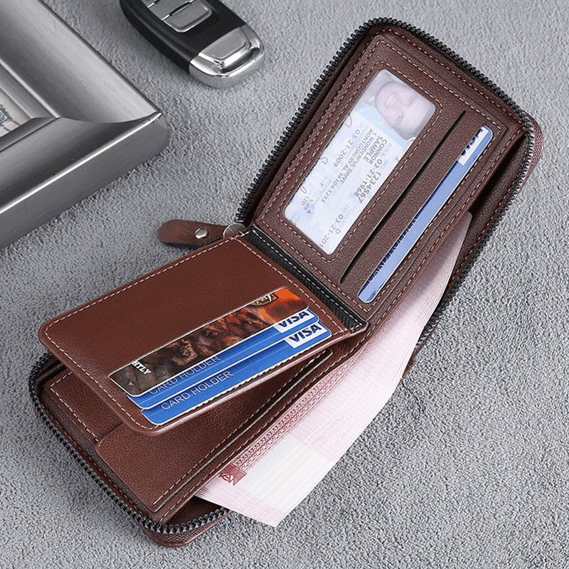 Men's Fashion Full-Zipper PU Leather Short Wallet with Multiple Card Slots