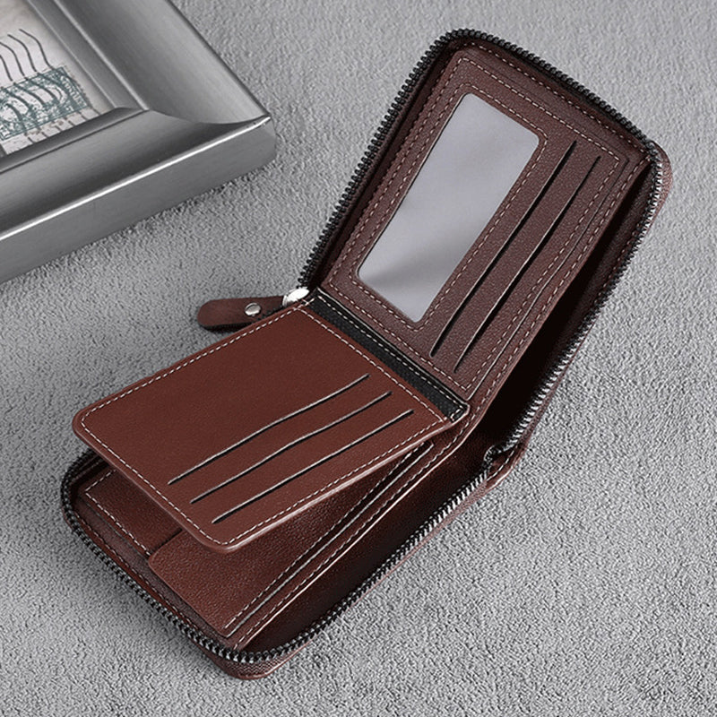 Men's Fashion Full-Zipper PU Leather Short Wallet with Multiple Card Slots