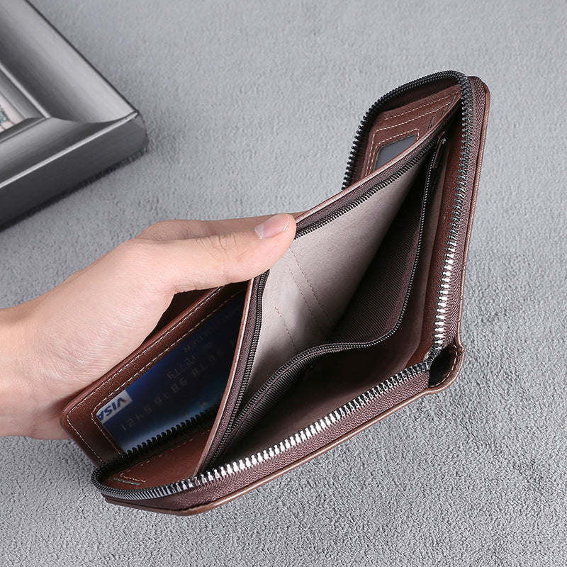 Men's Fashion Full-Zipper PU Leather Short Wallet with Multiple Card Slots