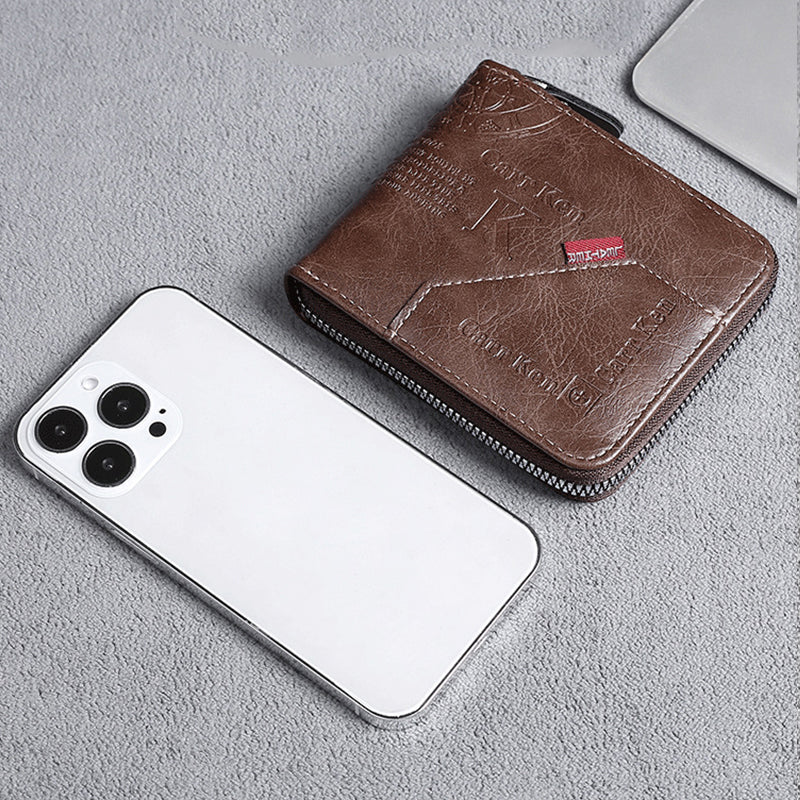 Men's Fashion Full-Zipper PU Leather Short Wallet with Multiple Card Slots