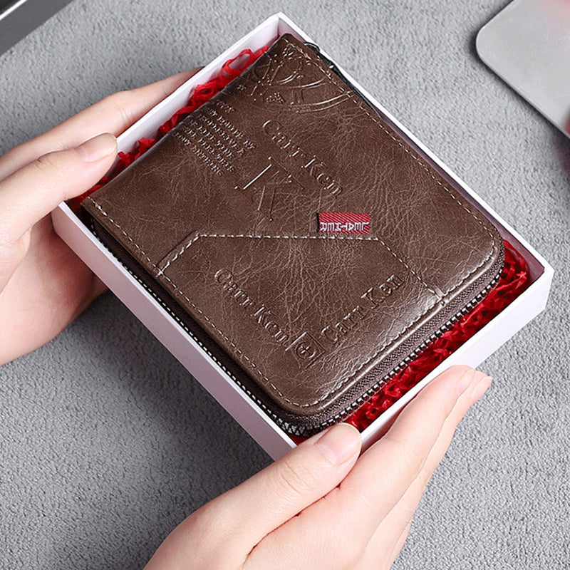 Men's Fashion Full-Zipper PU Leather Short Wallet with Multiple Card Slots