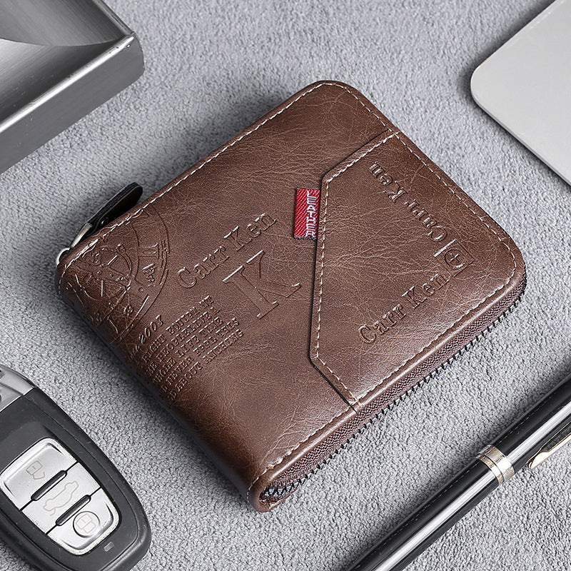 Men's Fashion Full-Zipper PU Leather Short Wallet with Multiple Card Slots