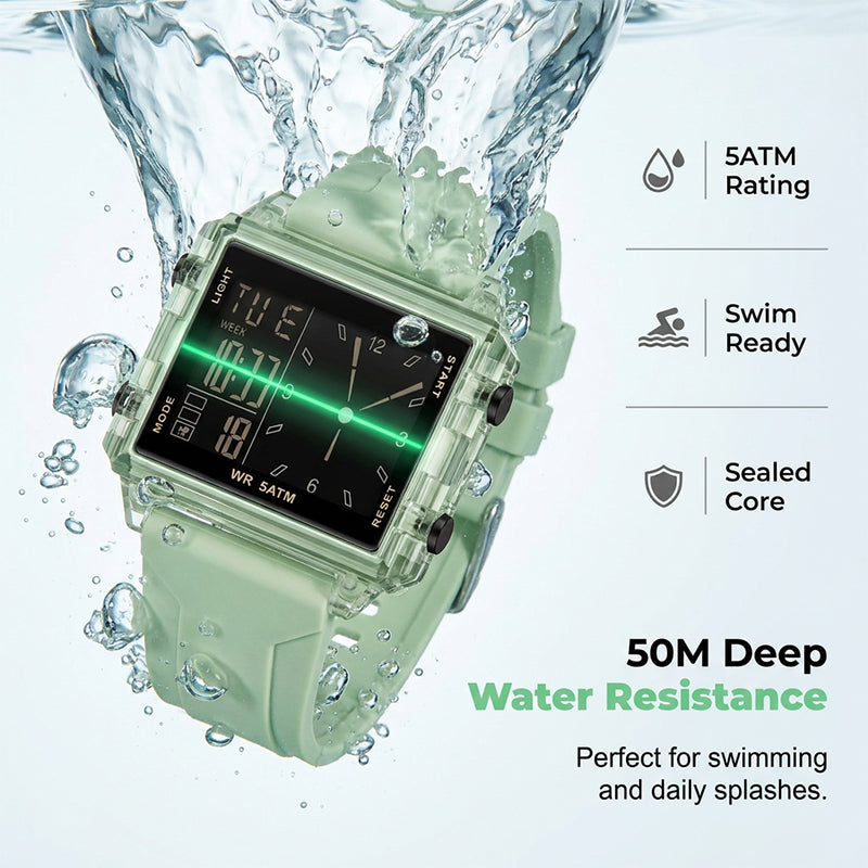 ⌚ Waterproof Transparent Digital Watch – 50M Rating, Luminous Display, Hybrid Time ✨