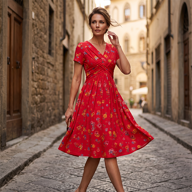 Women’s V-Neck Floral Print Dress – Twist Waist & Flattering Fit