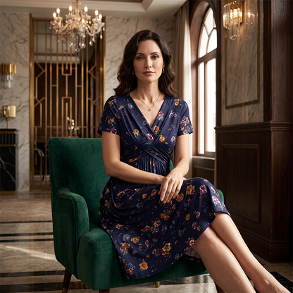 Women’s V-Neck Floral Print Dress – Twist Waist & Flattering Fit
