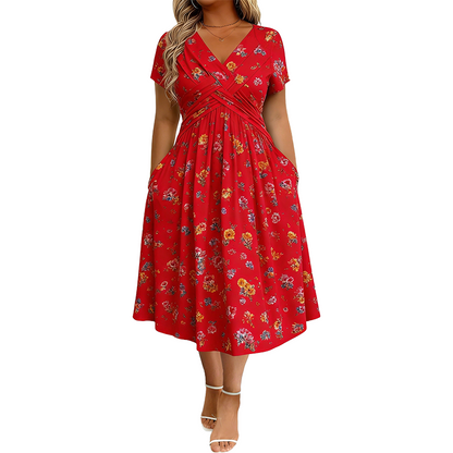 Women’s V-Neck Floral Print Dress – Twist Waist & Flattering Fit